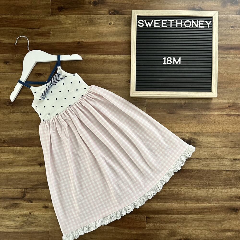 SweetHoney Dreamer Long Pajama Gown Pink Navy Dot Gingham Sleeveless Lounge 18M